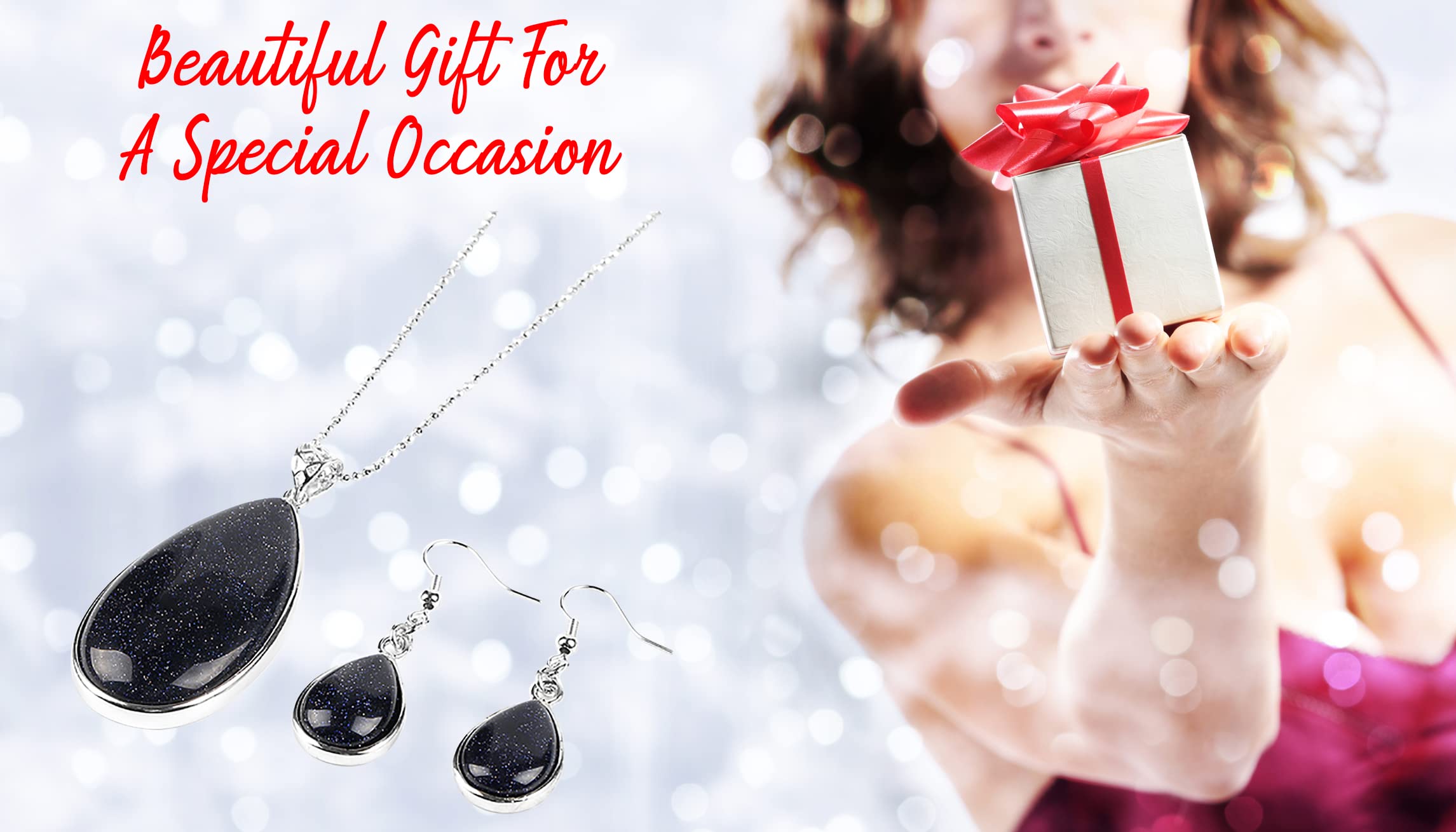 Ladies Matching Jewellery Set for Women - Teardrop Design Necklace Pendant &amp; Drop Earrings - With Jewellery Gift Box