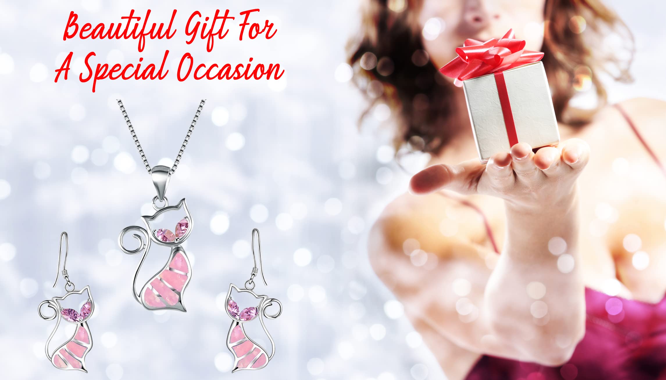 Cute Cat Pendant Necklace &amp; Earrings Matching Set For Women - Ladies Silver Plated Crystal Jewellery with Gift Box