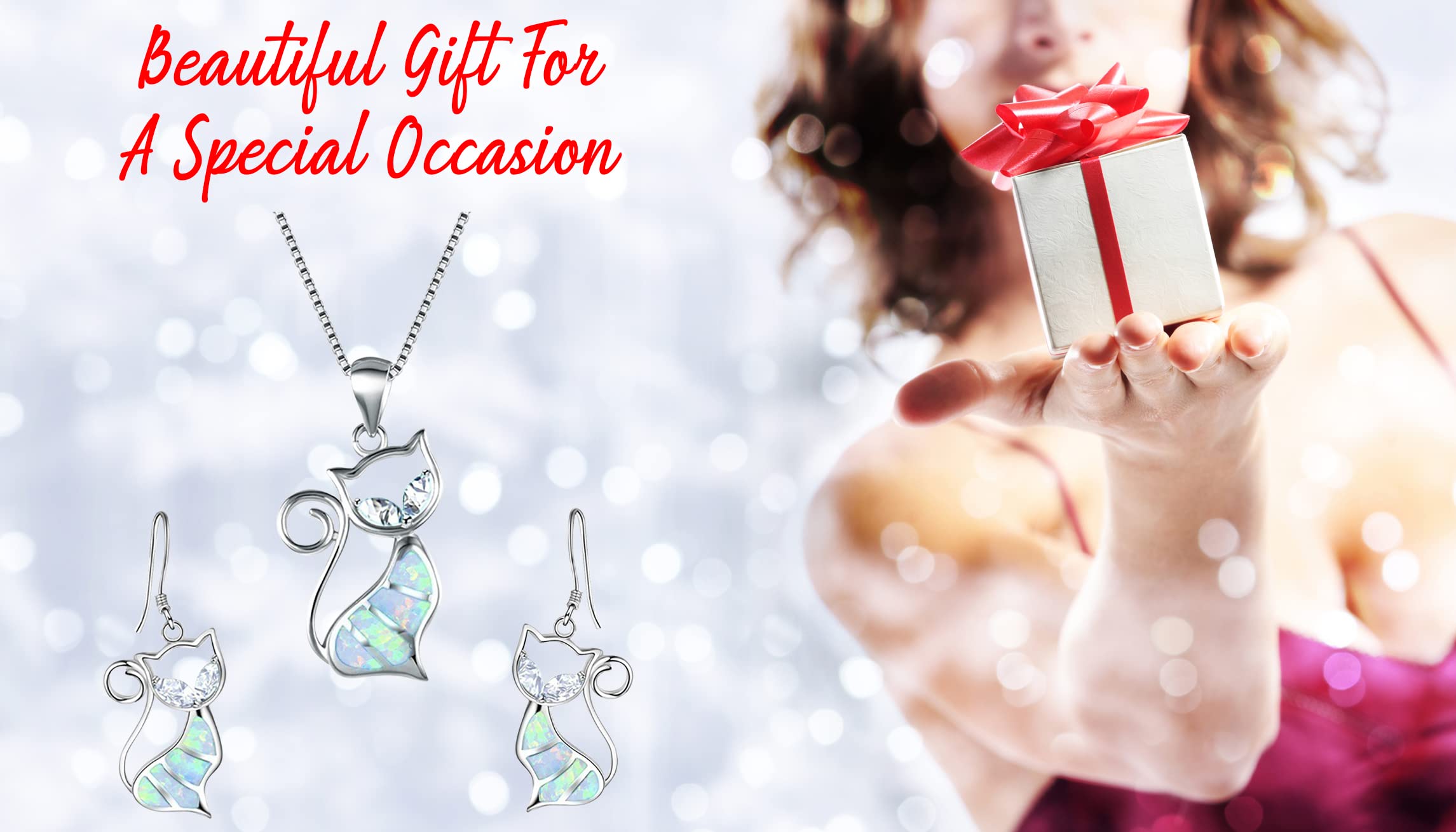 Cute Cat Pendant Necklace &amp; Earrings Matching Set For Women - Ladies Silver Plated Crystal Jewellery with Gift Box