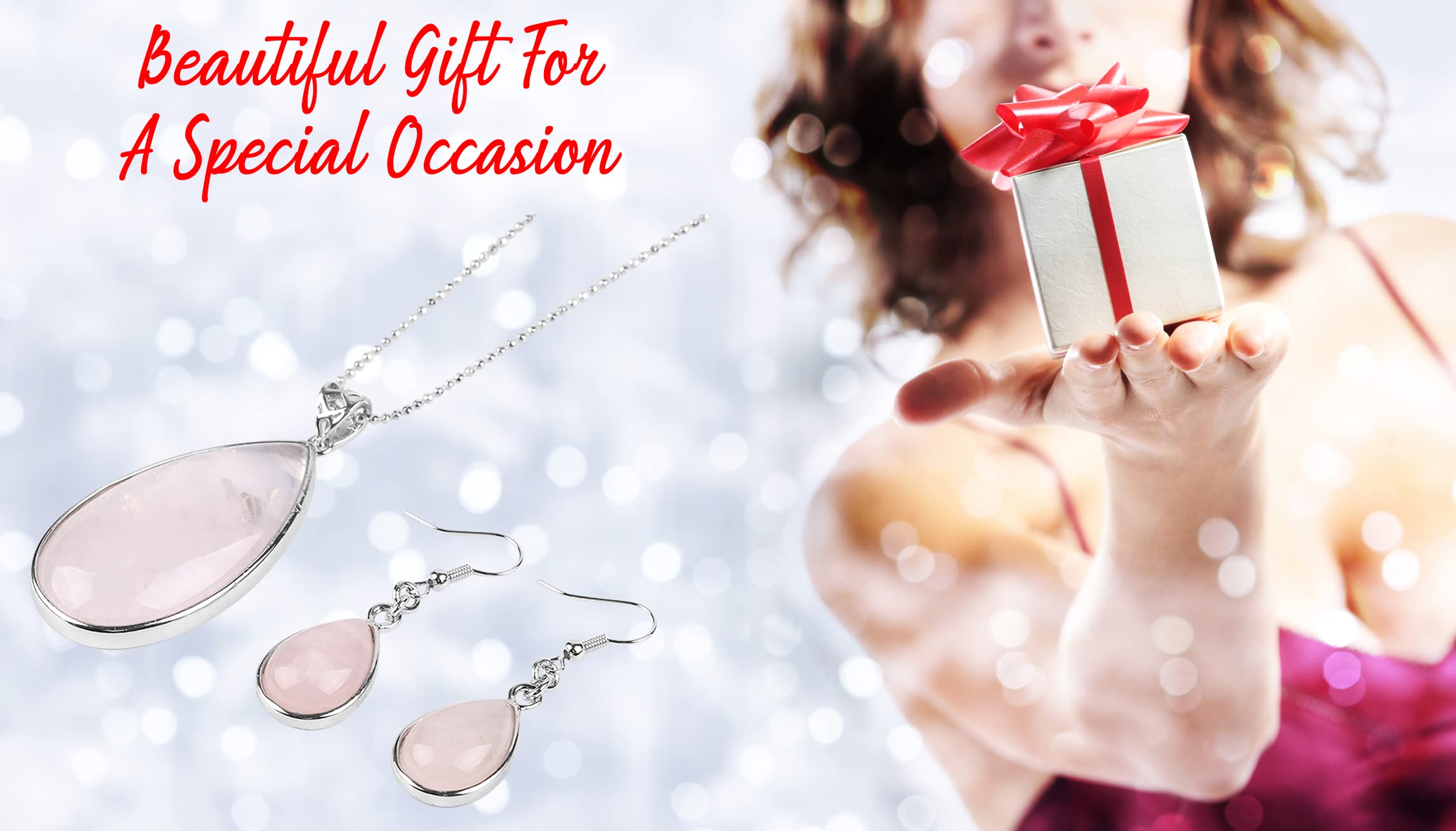 Ladies Matching Jewellery Set for Women - Teardrop Design Necklace Pendant &amp; Drop Earrings - With Jewellery Gift Box