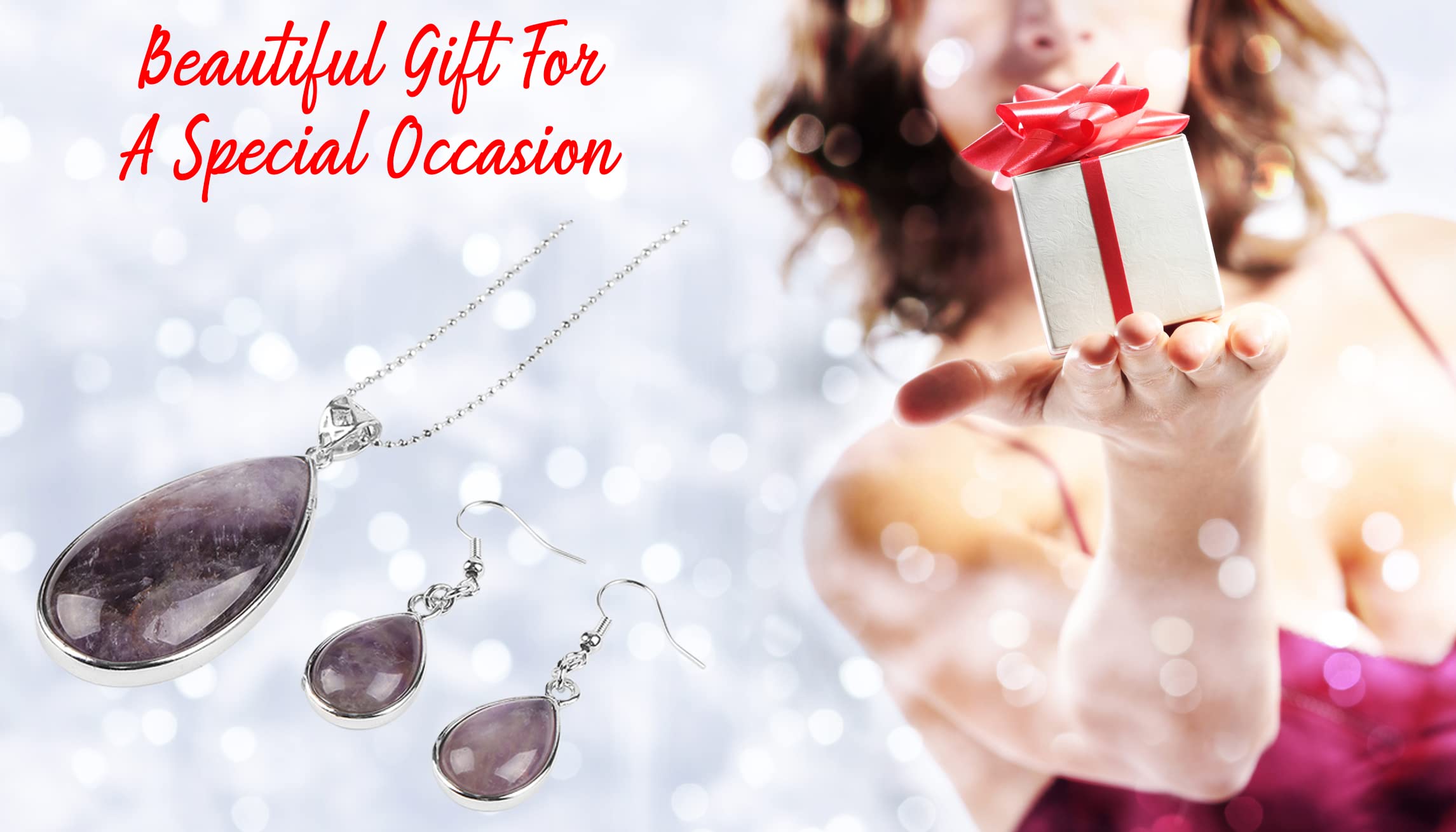 Ladies Matching Jewellery Set for Women - Teardrop Design Necklace Pendant &amp; Drop Earrings - With Jewellery Gift Box