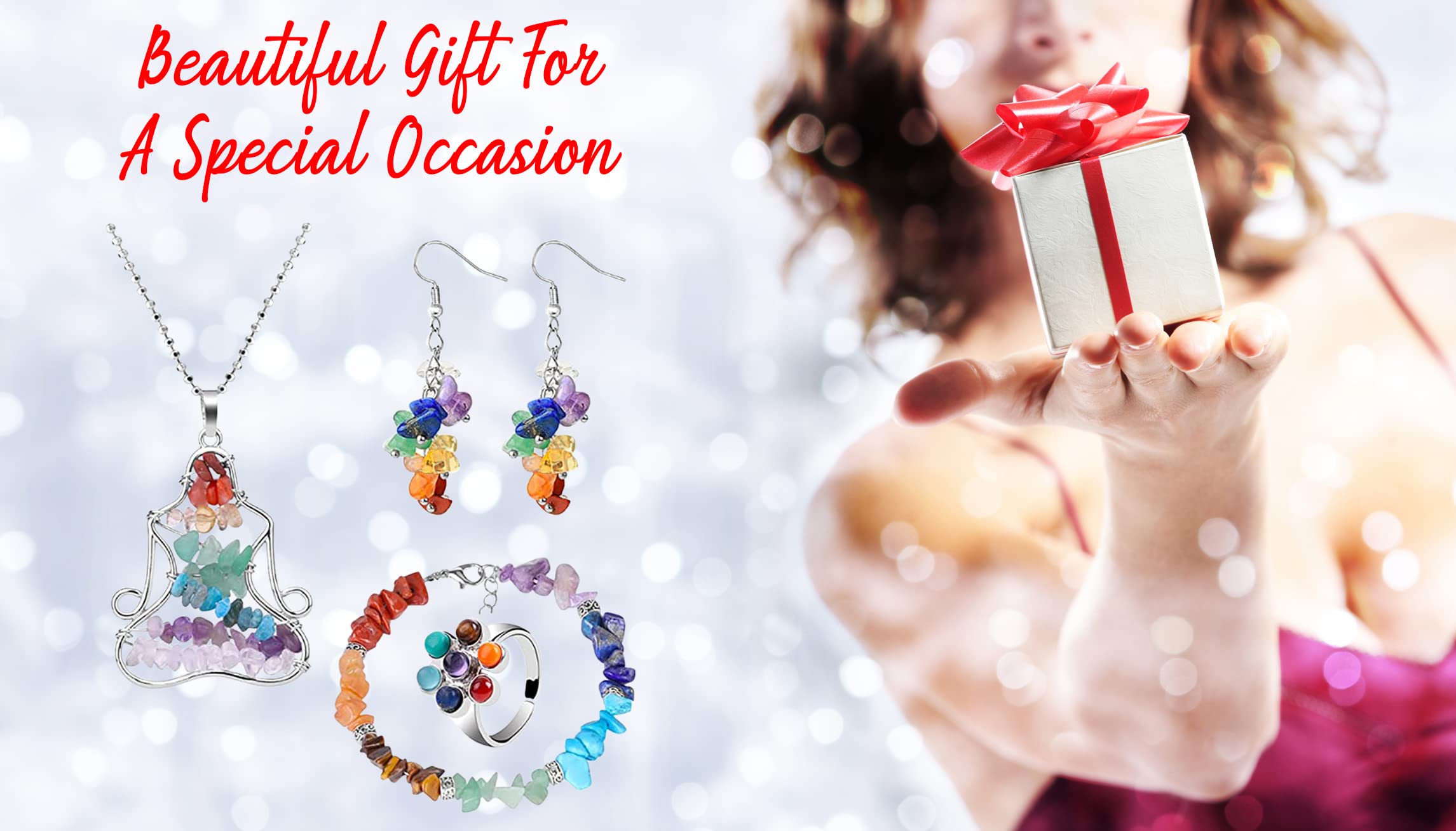 Ladies Chakra Yoga Reiki Necklace, Bracelet, Earrings &amp; Ring &amp; Jewellery Gift Box