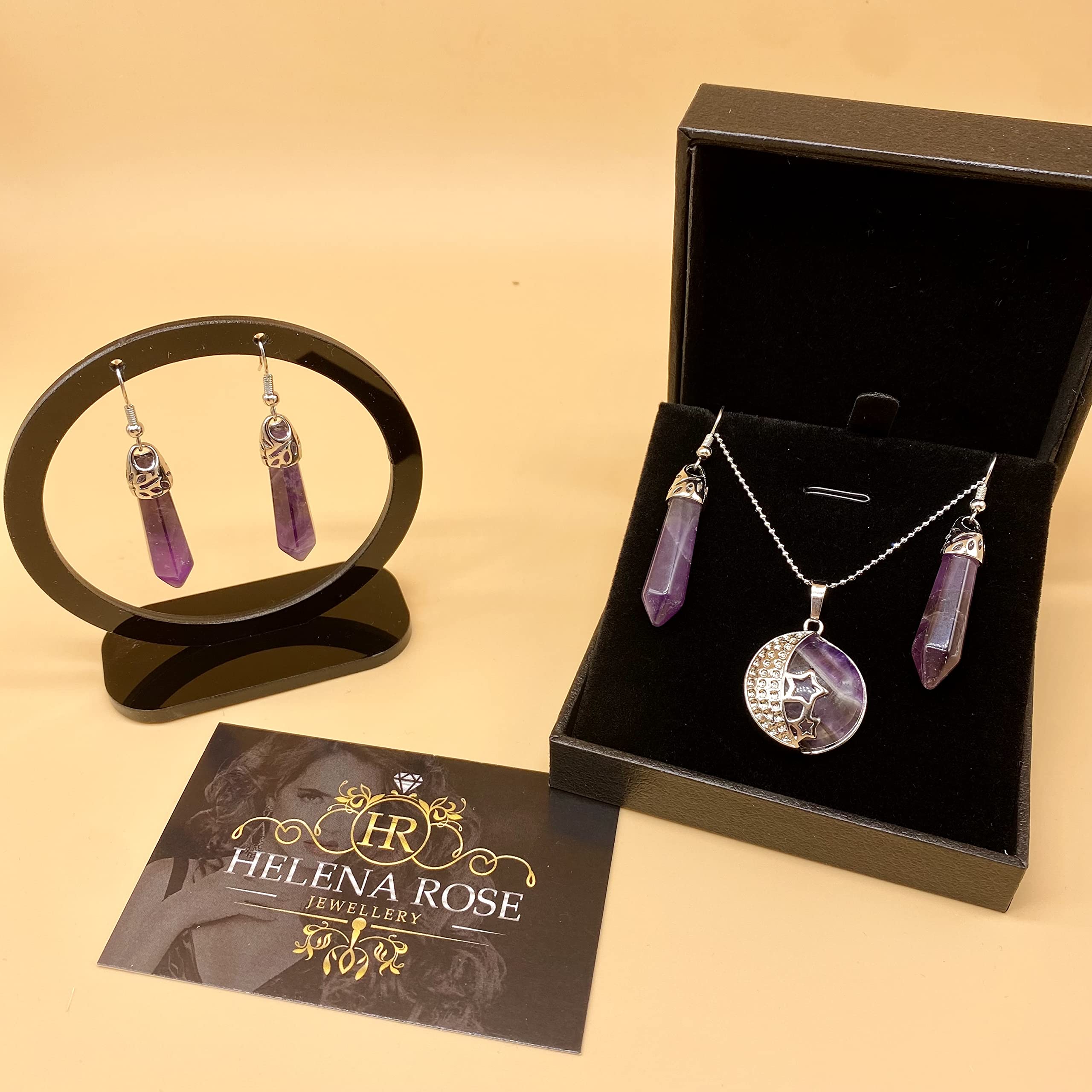 Jewellery Gift Set For Women - Silver Moon &amp; Stars Necklace &amp; Drop Earrings - Real Natural Crystal Quartz Gemstone Pendant For Ladies - With a Quality Gift Box