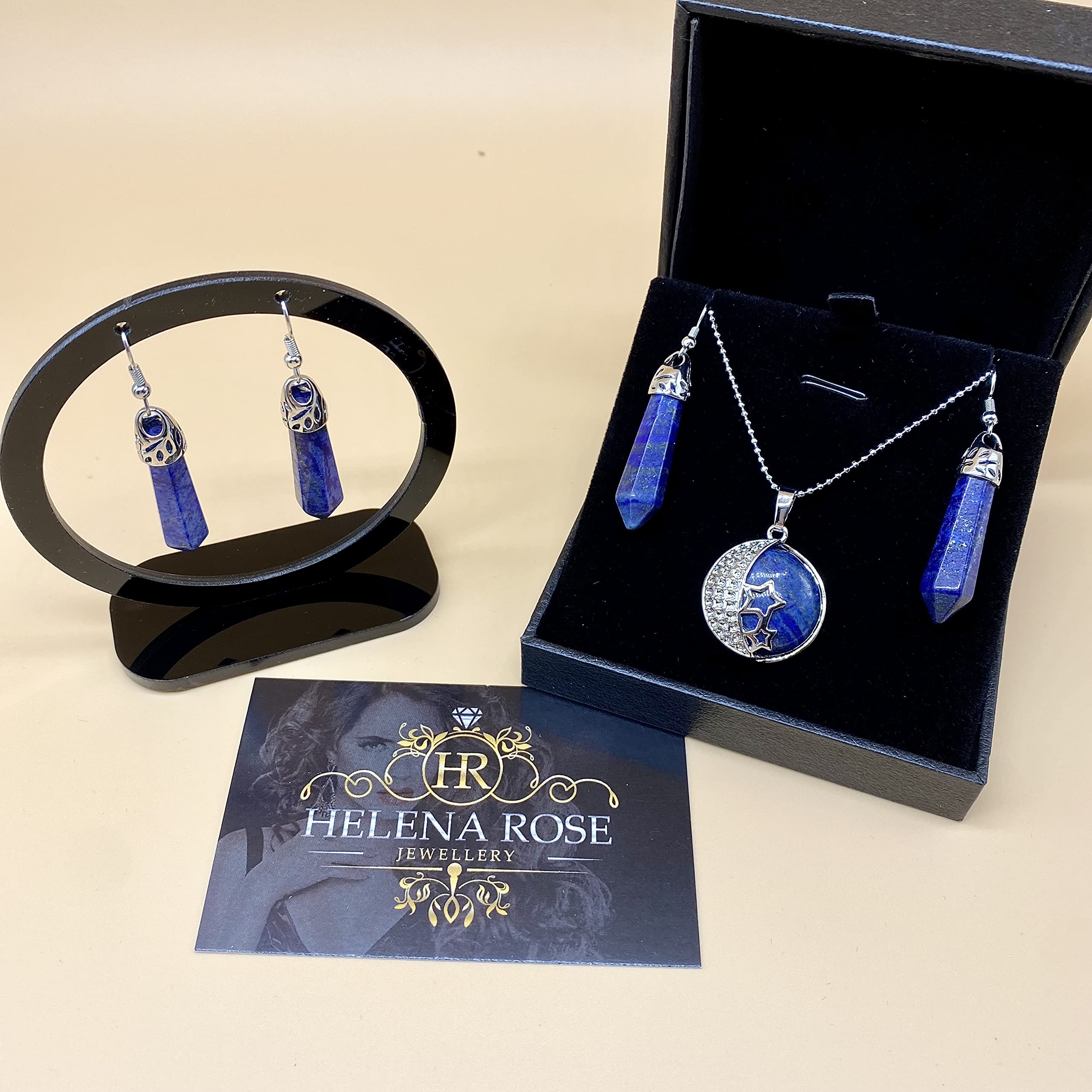 Jewellery Gift Set For Women - Silver Moon &amp; Stars Necklace &amp; Drop Earrings - Real Natural Crystal Quartz Gemstone Pendant For Ladies - With a Quality Gift Box