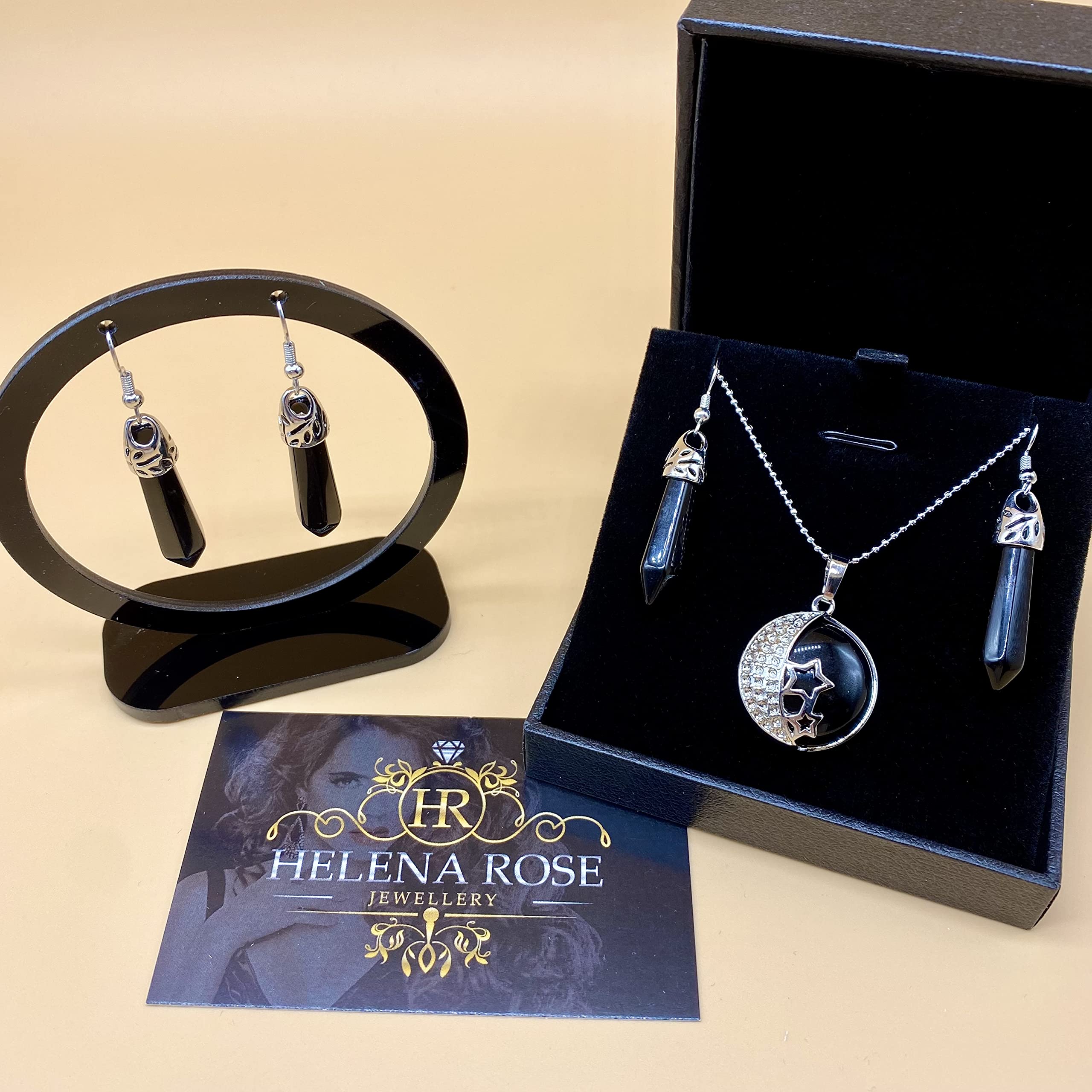 Jewellery Gift Set For Women - Silver Moon &amp; Stars Necklace &amp; Drop Earrings - Real Natural Crystal Quartz Gemstone Pendant For Ladies - With a Quality Gift Box