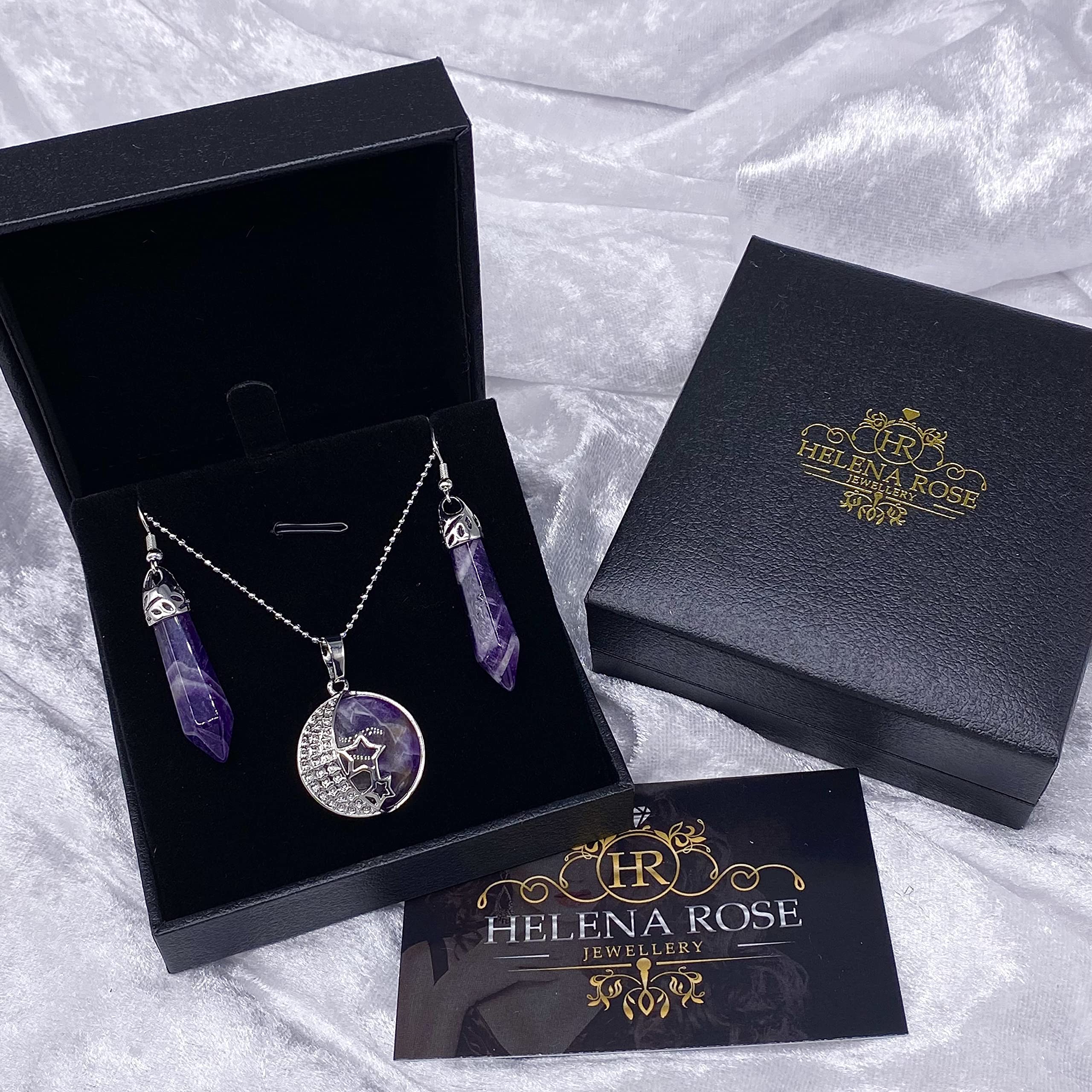 Jewellery Gift Set For Women - Silver Moon &amp; Stars Necklace &amp; Drop Earrings - Real Natural Crystal Quartz Gemstone Pendant For Ladies - With a Quality Gift Box