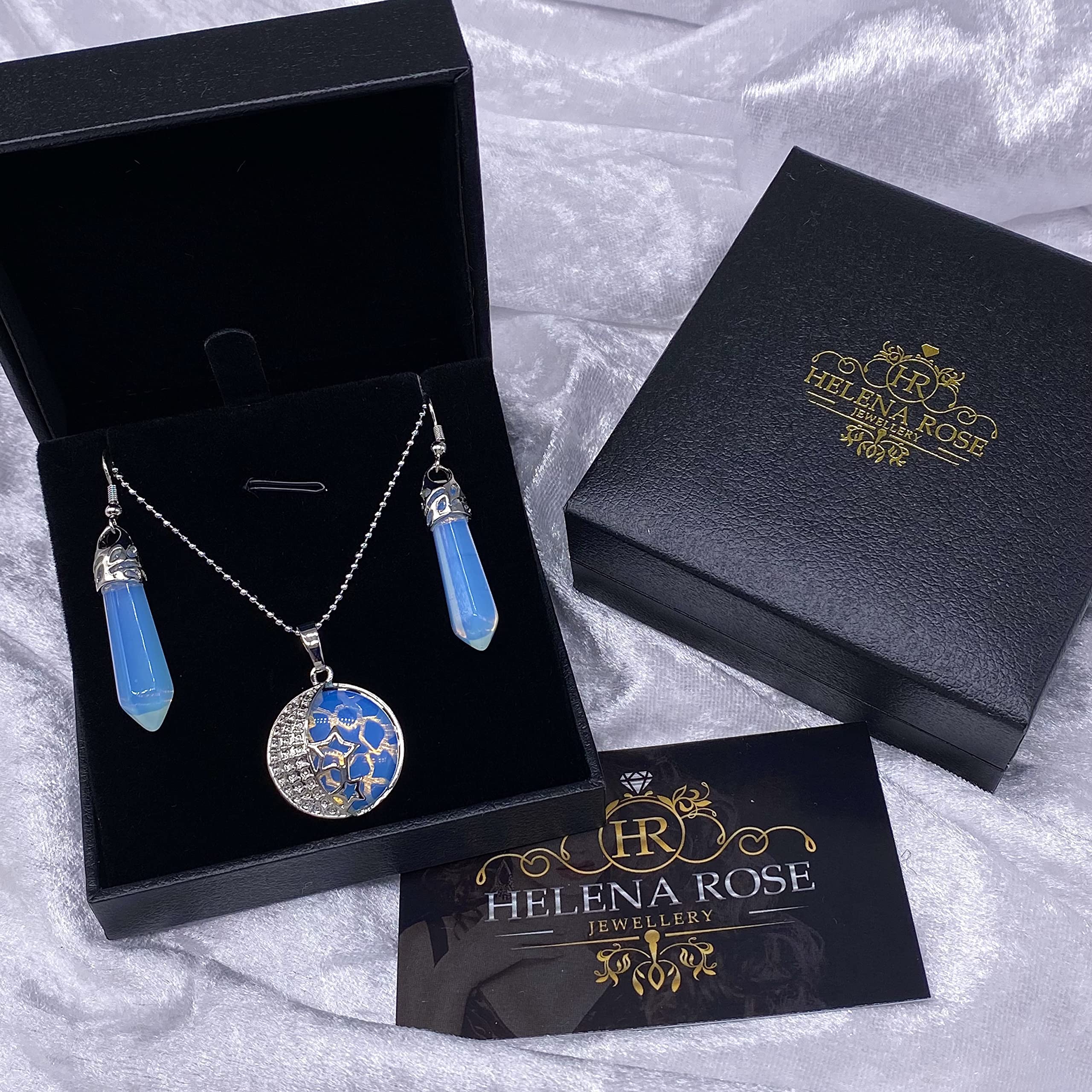 Jewellery Gift Set For Women - Silver Moon &amp; Stars Necklace &amp; Drop Earrings - Real Natural Crystal Quartz Gemstone Pendant For Ladies - With a Quality Gift Box