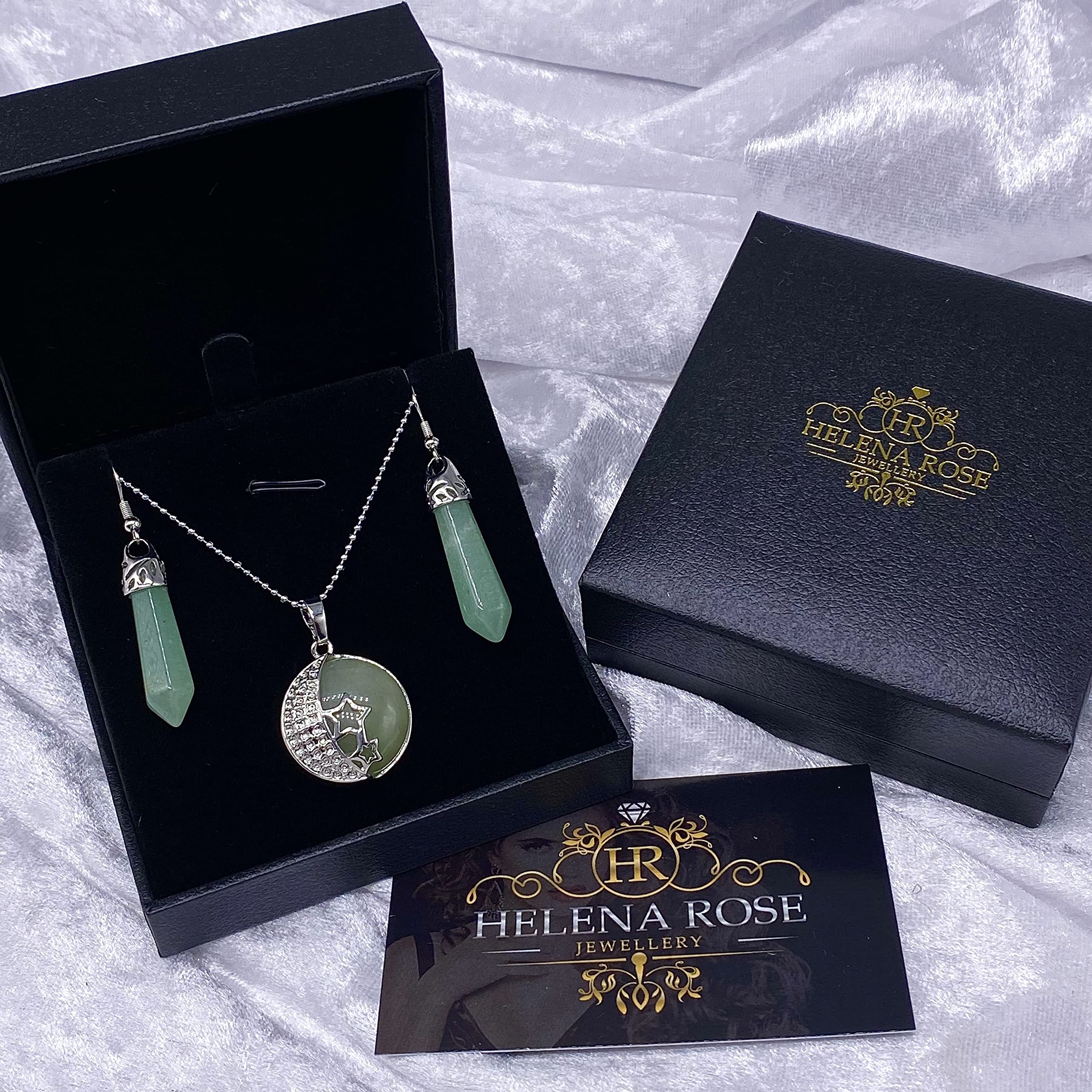 Jewellery Gift Set For Women - Silver Moon &amp; Stars Necklace &amp; Drop Earrings - Real Natural Crystal Quartz Gemstone Pendant For Ladies - With a Quality Gift Box