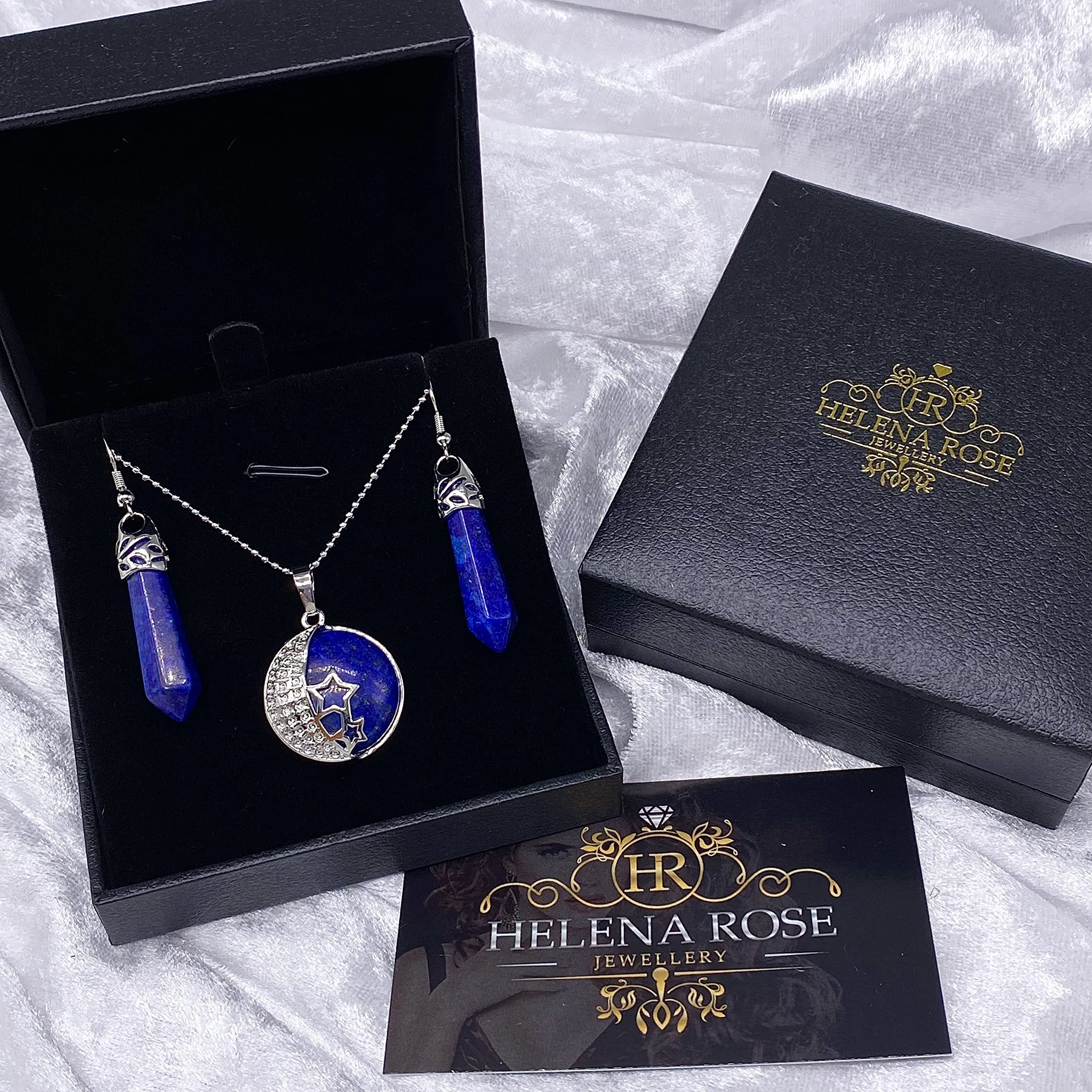 Jewellery Gift Set For Women - Silver Moon &amp; Stars Necklace &amp; Drop Earrings - Real Natural Crystal Quartz Gemstone Pendant For Ladies - With a Quality Gift Box