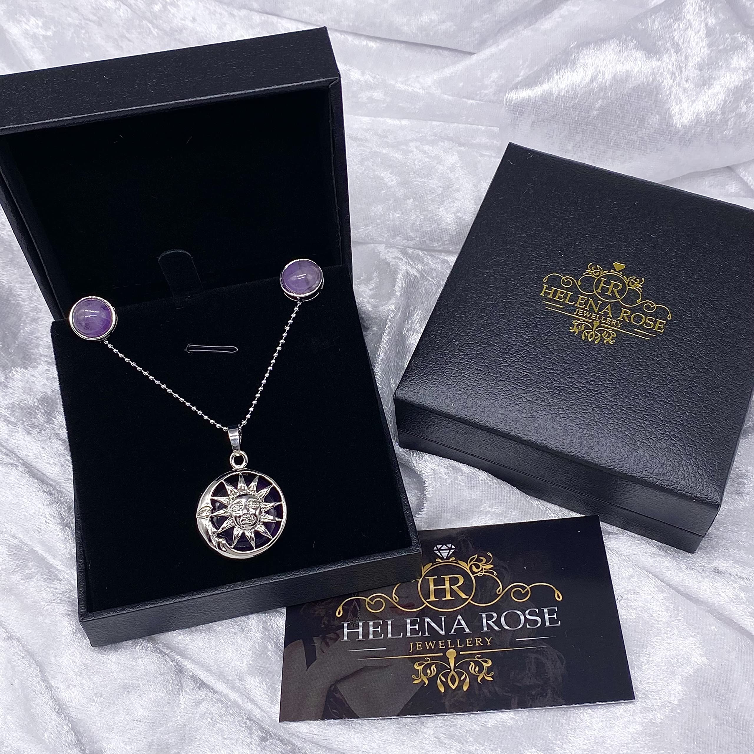 Silver Plate Jewellery Gift Set For Women - Silver Moon Sun Necklace &amp; Earrings - Natural Crystal Gemstone Quartz Pendant For Ladies - With a Quality Gift Box