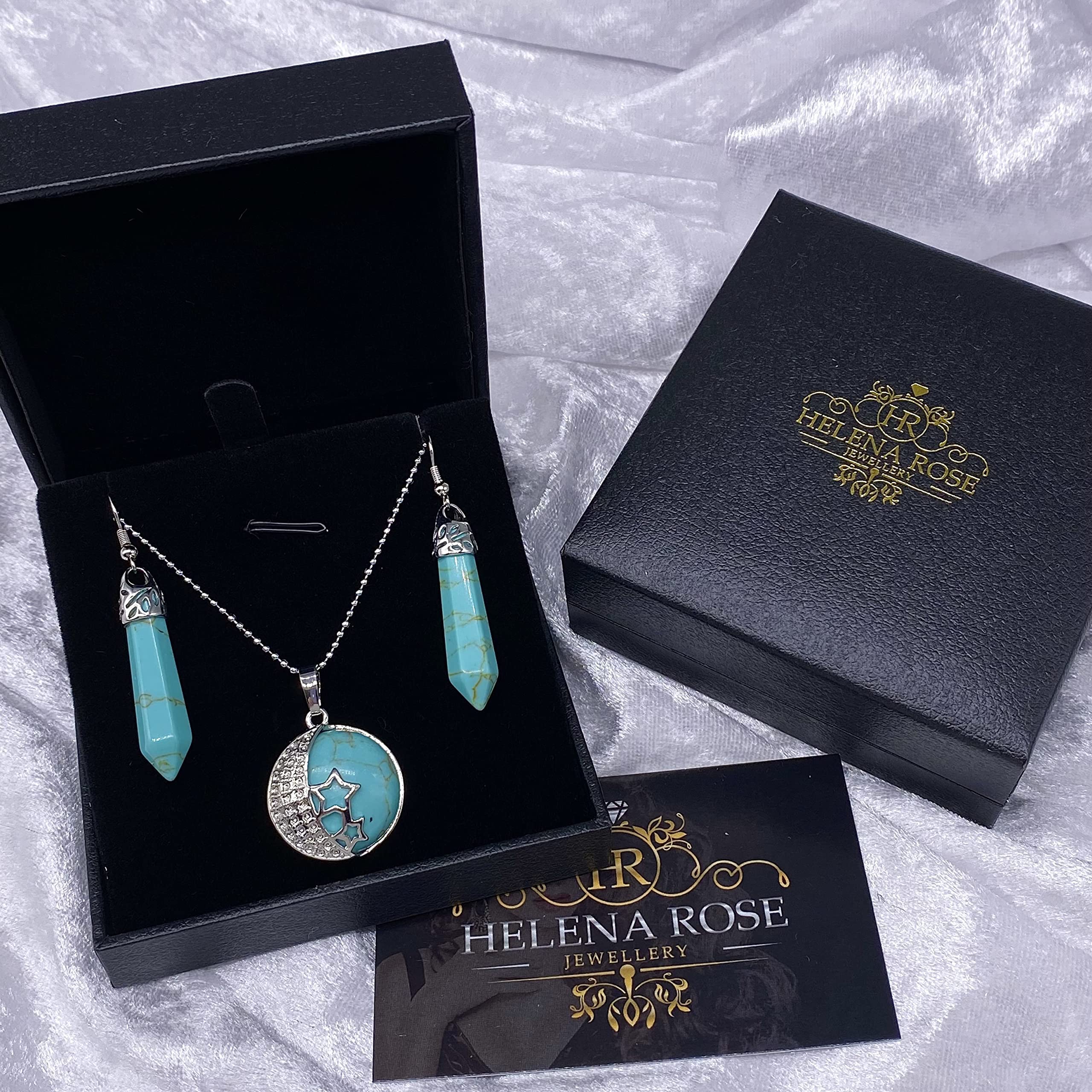 Jewellery Gift Set For Women - Silver Moon &amp; Stars Necklace &amp; Drop Earrings - Real Natural Crystal Quartz Gemstone Pendant For Ladies - With a Quality Gift Box