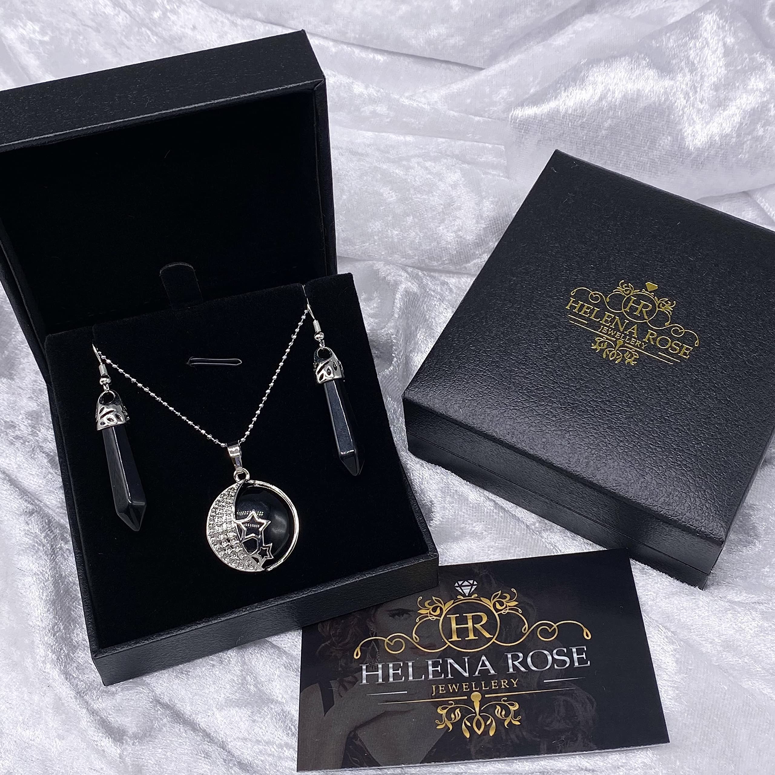 Jewellery Gift Set For Women - Silver Moon &amp; Stars Necklace &amp; Drop Earrings - Real Natural Crystal Quartz Gemstone Pendant For Ladies - With a Quality Gift Box