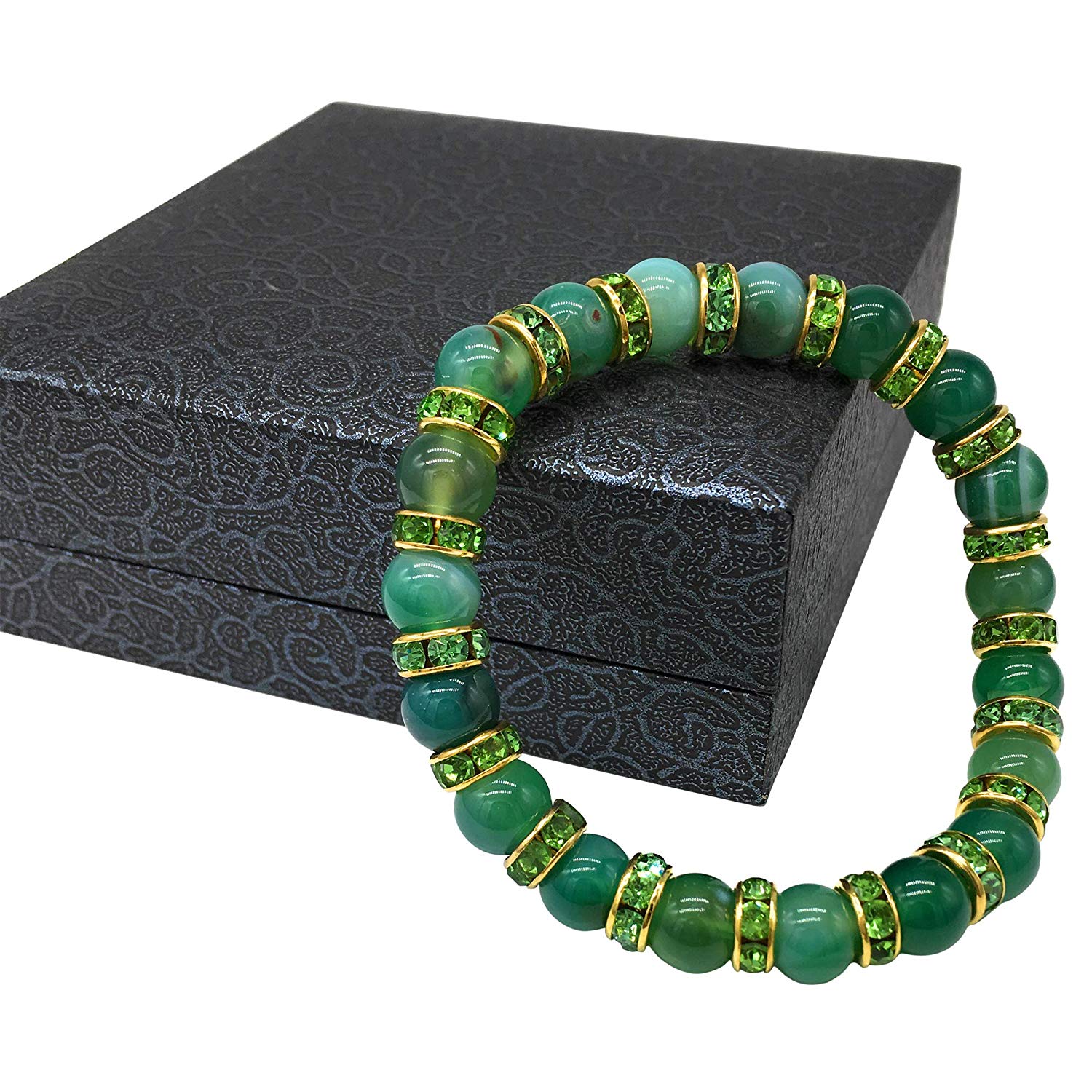 Ladies Spiritual Bracelet for Women- Gorgeous Green Natural Agate Beads &amp; Sparkling Rhinestone Crystals - Woman&#39;s Spiritual Balance Bracelet with Jewellery Gift Box - Gemstones