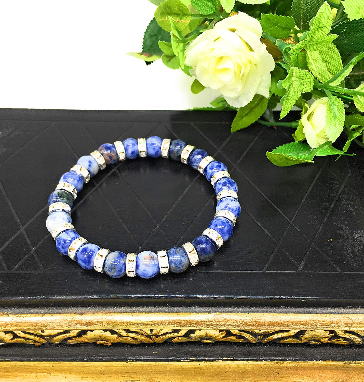 Ladies Spiritual Vitality Bracelet - Natural Blue Sodalite Stone with Rhinestone Crystals - Balancing Bangle for Women - with Jewellery Gift Box- Gemstones